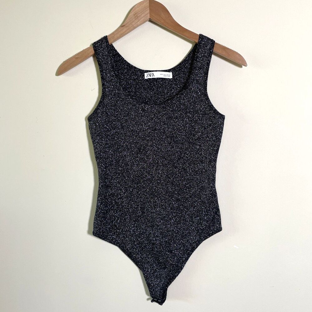 Zara Women's Bodysuit Top Small Black Silver Metallic Glitter Sleeveless Stretch